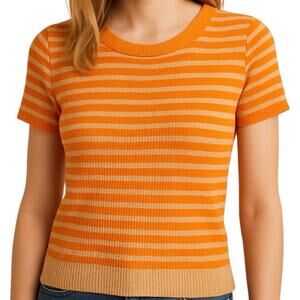 Madewell Ribbed Orange & Khaki Stripe Top Small Bright Modern Minimalist